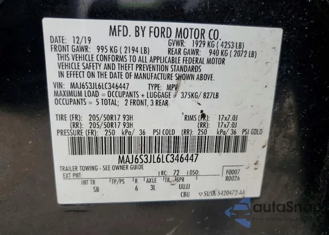 2020 Ford Ecosport Ses z USA, uszkodzony, nr VIN MAJ6S3JL6LC346447